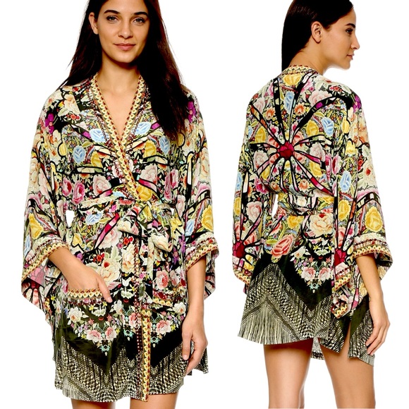 Camilla Crystal Embellished Silk Flamenco Sweep Short Kimono - Picture 1 of 5